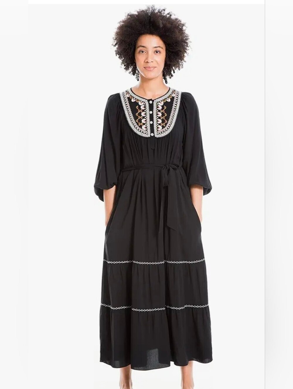 Max Studio Black Maxi Dress with White Embroidered Yoke, Three Quarters Sleeve
